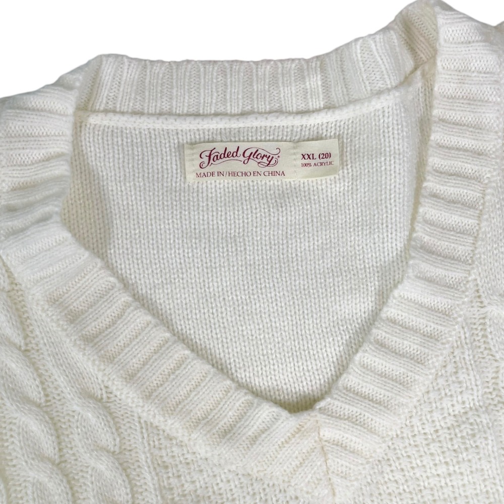 Faded Glory XXL (20) Cream V-Neck Cable Knit Sweater Preppy Coastal Grandma - Picture 7 of 9